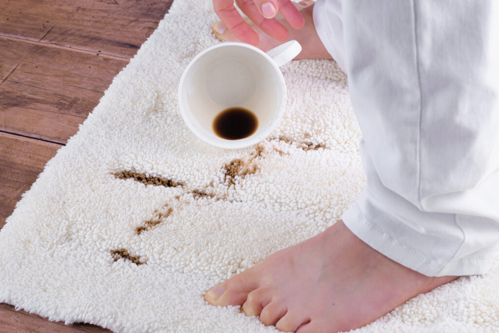 Woman in white clothing lifting a cup with coffee spilled on a plush white carpet, capturing a moment of domestic mishap and the concept of stain removal.