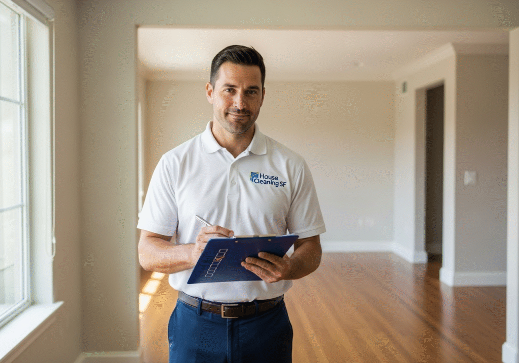 Quality control inspector reviewing completed move in move out cleaning San Mateo CA apartment with checklist