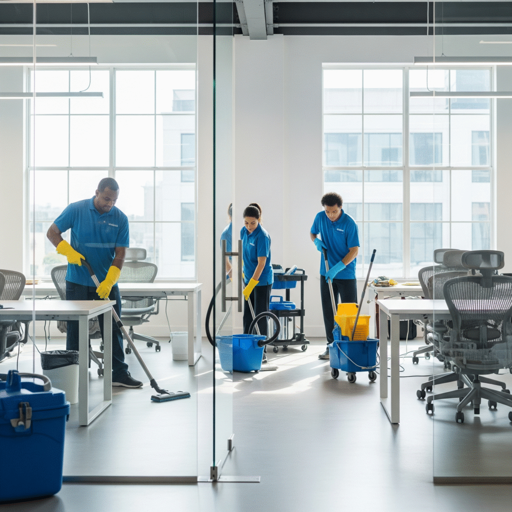 Professional office cleaning services Berkeley CA team working in modern business workspace with cleaning equipment