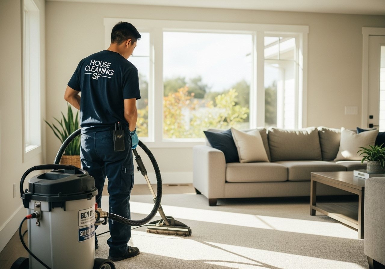 Professional carpet cleaning services San Mateo technician using industrial equipment in residential home