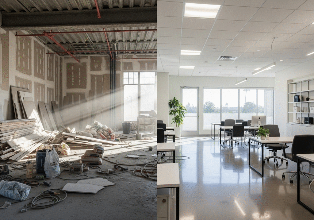 Before and after results showing post construction cleaning California transformation from debris to pristine space