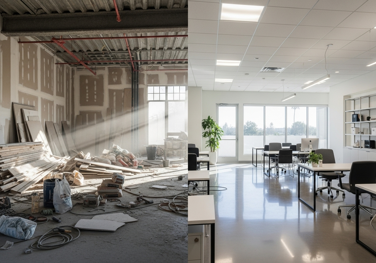 Before and after results showing post construction cleaning California transformation from debris to pristine space
