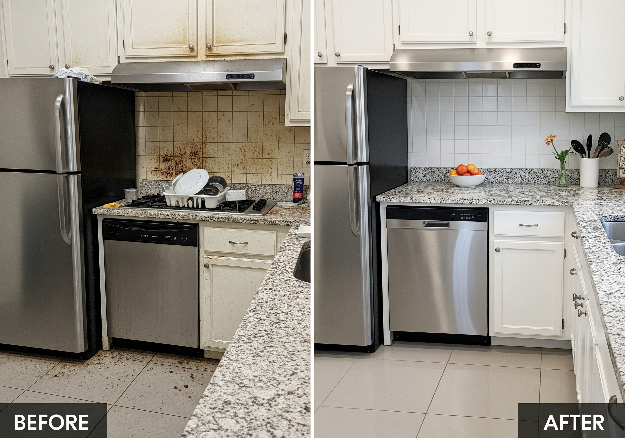 Before and after results showing deep cleaning services San Francisco kitchen transformation with spotless results