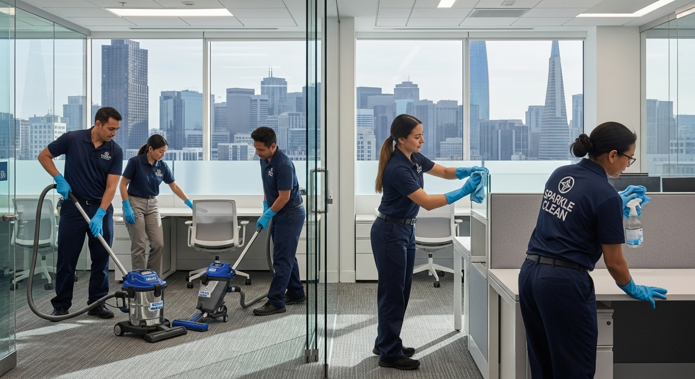 Professional cleaning team in branded uniforms cleaning a modern Bay Area office space with glass partitions, contemporary furniture, and city skyline visible through large windows. Realistic lighting, mid-morning natural light, team using professional equipment including HEPA vacuum and microfiber cloths. Office Cleaning Services Bay Area: 7 Smart Investment Benefits
