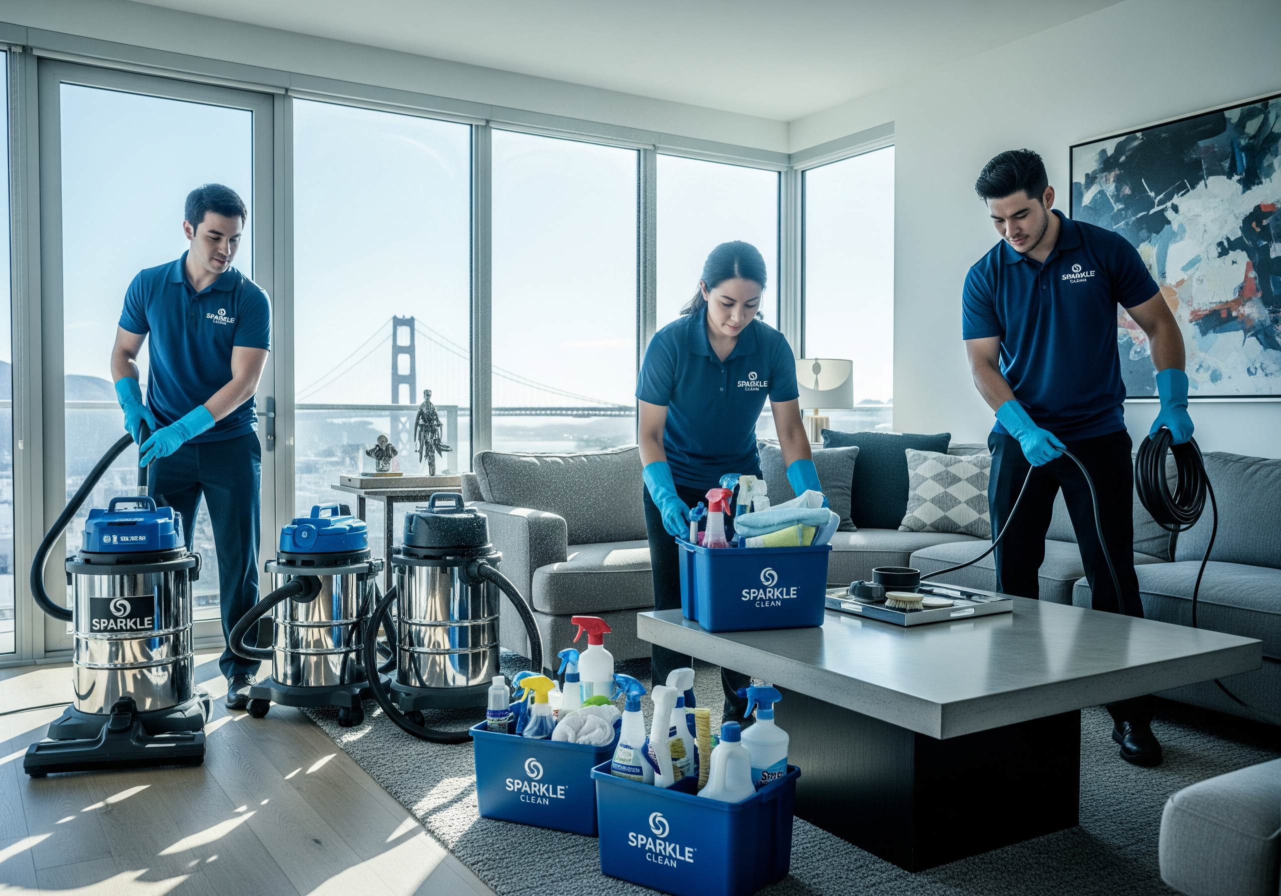 Professional deep cleaning services San Francisco team setting up equipment in modern apartment