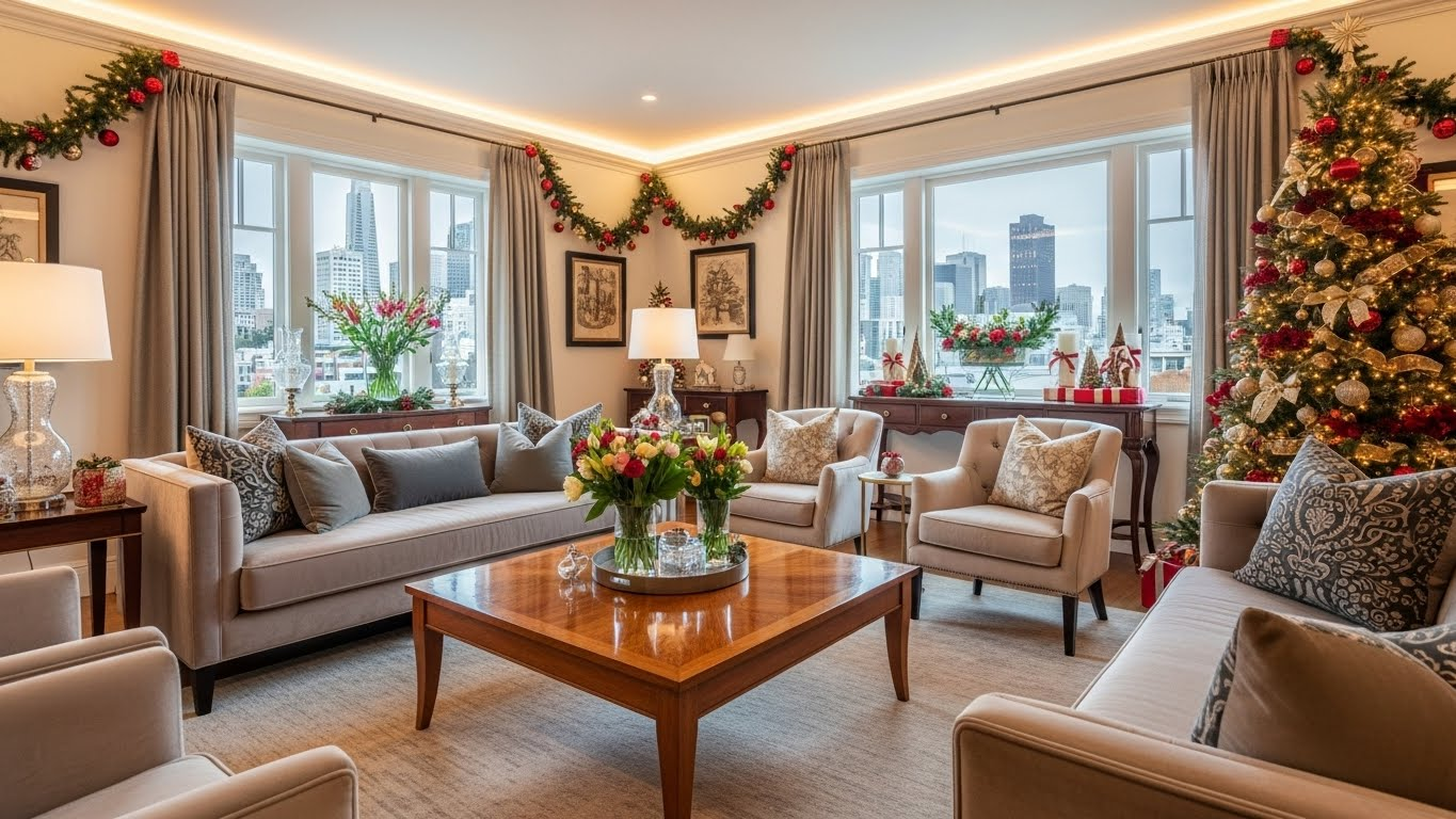 Beautiful decorated San Francisco home after professional deep cleaning services, showing pristine living room with holiday decorations, fresh flowers, and elegant furnishings, professional interior photography style