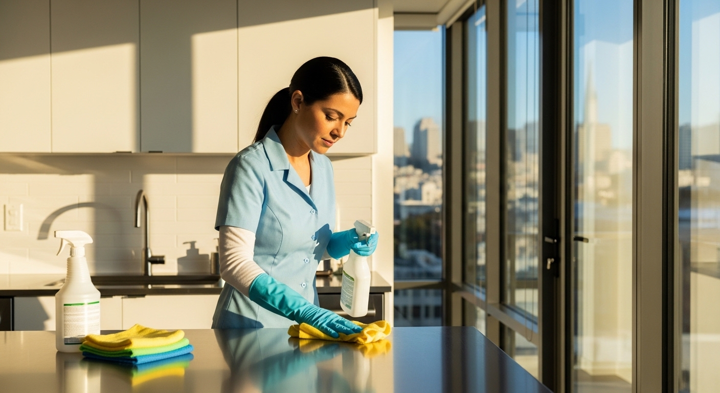 Airbnb professional cleaning service wiping kitchen countertops in a bright San Francisco short-term rental"