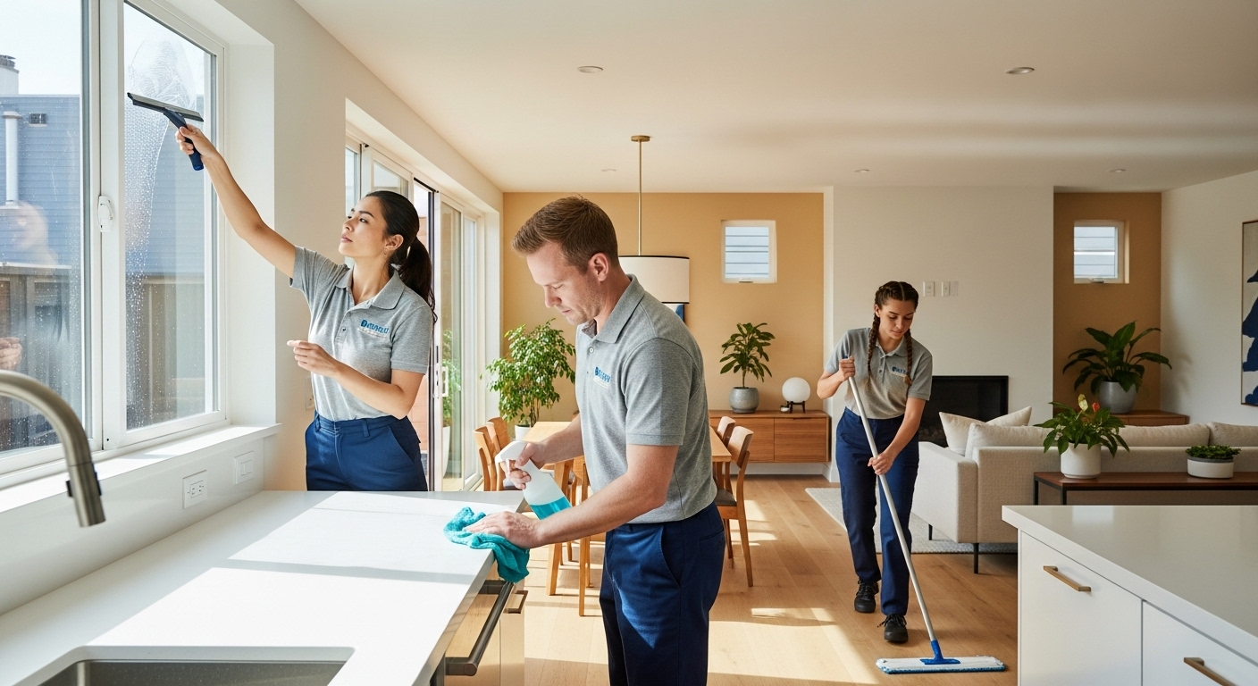 Professional cleaning team working room by room with mops and microfiber cloths following a post-construction cleaning checklist in a San Francisco home