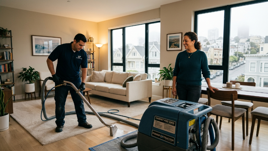 House Cleaning SF team member performing professional carpet cleaning in a San Francisco home — satisfied homeowner in background"
