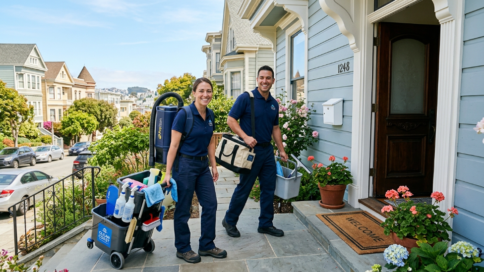 Professional house cleaning team arriving at a San Francisco home for a scheduled weekly or biweekly cleaning service