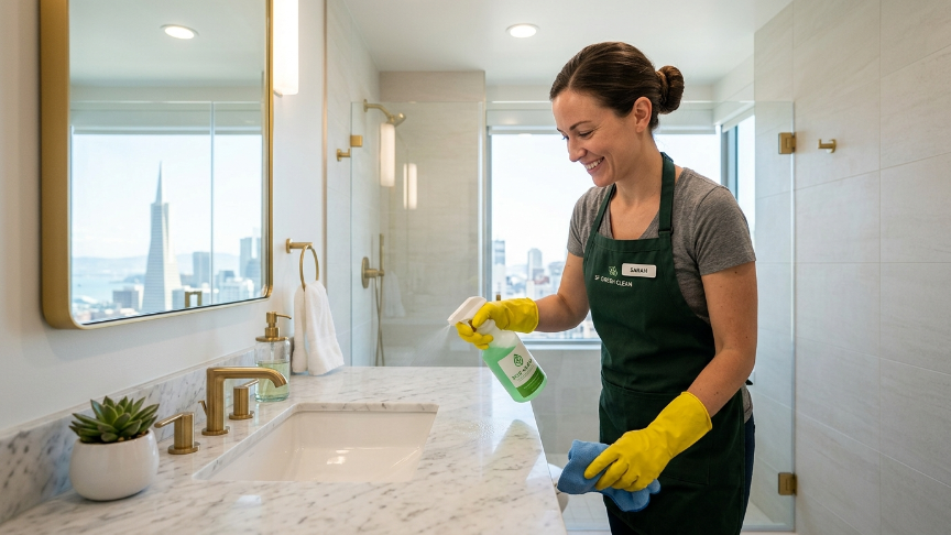 House Cleaning SF professional using eco-friendly products for post construction bathroom cleaning in San Francisco