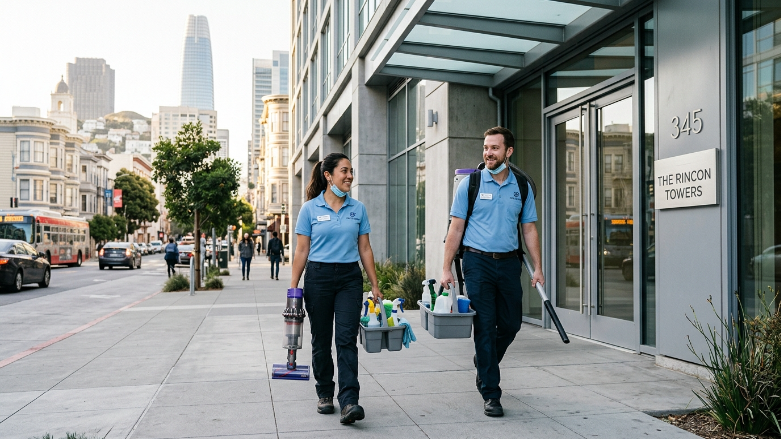 apartment cleaning service in San Francisco professional team arriving at apartment building with supplies