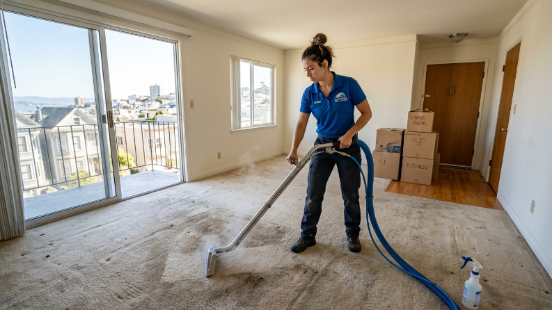 Professional female technician performing move-out carpet steam cleaning in an empty San Francisco apartment