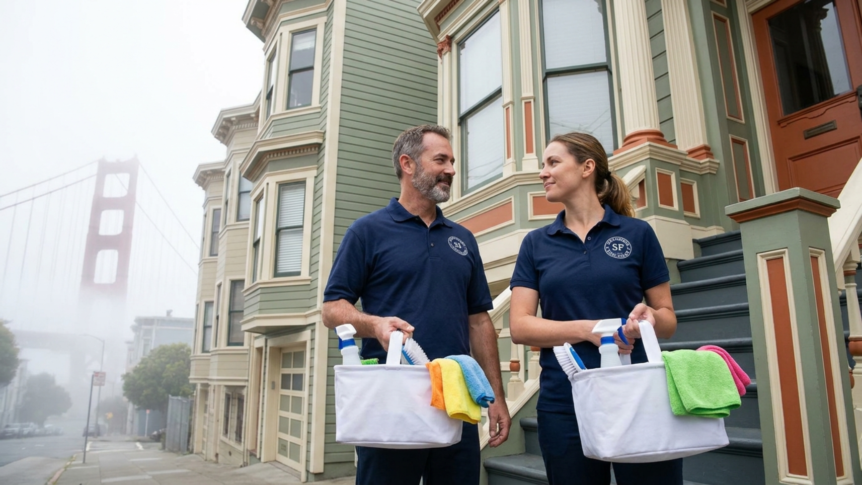 house cleaning services San Francisco compare quotes — professional cleaning crew arriving at Victorian painted lady home