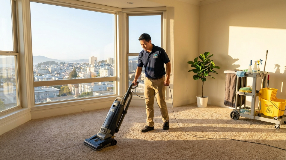 cleaning company employee vacuuming sunlit living room in Bay Area apartment