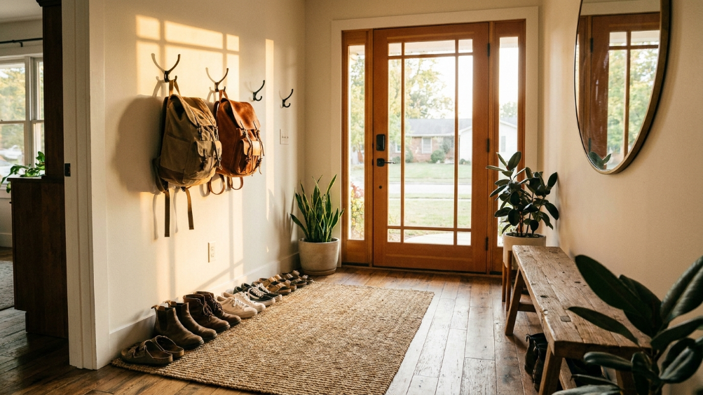 Family entryway fully organized and clean after a seasonal reset