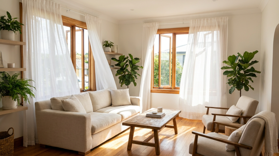 bright clean Bay Area living room with windows open after wildfire smoke cleanup
