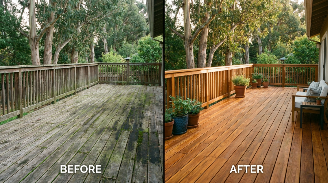Before and after power washing and sealing a wood deck before the Bay Area rainy season
